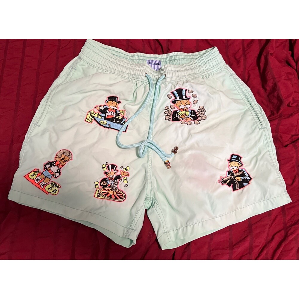 Les Canebiers Monopoly Embroidered 4" Swim Shorts Trunks Mens Large Teal